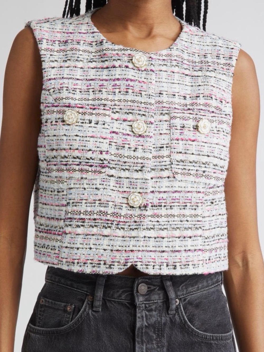 Cinq à Sept Camen Wildflower Tweed Vest - Size 16 - Rose Buttons